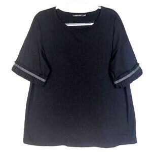 Doe & Rae Ruffle Trim Short Sleeve Black Top 1XL NWOT